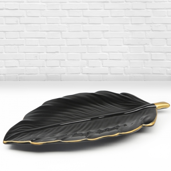 Homing Black Ceramic Gold Edged Leaf Presentation Stand HMY-6395