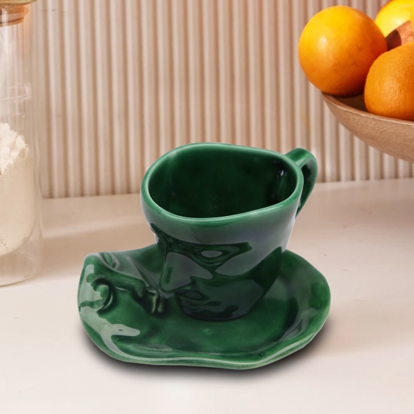 Homing Ceramic Decorative Cup and Base Green HMY-6405