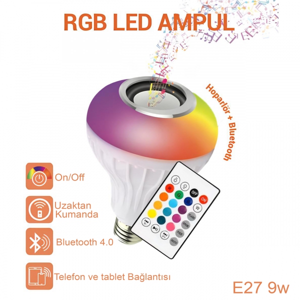 Homing Hoparlörlü Bluetooth RGB Renkli Led Ampul 241710